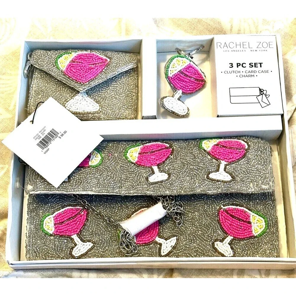 NWT RachelZoe Beaded 3pc set Margarita glass Clutch-Coin Purse & Keychain charm